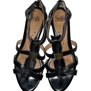 Size 8.5 Sofft Bernia Black Leather Strappy Low Wedge Back Zip Sandals Women's